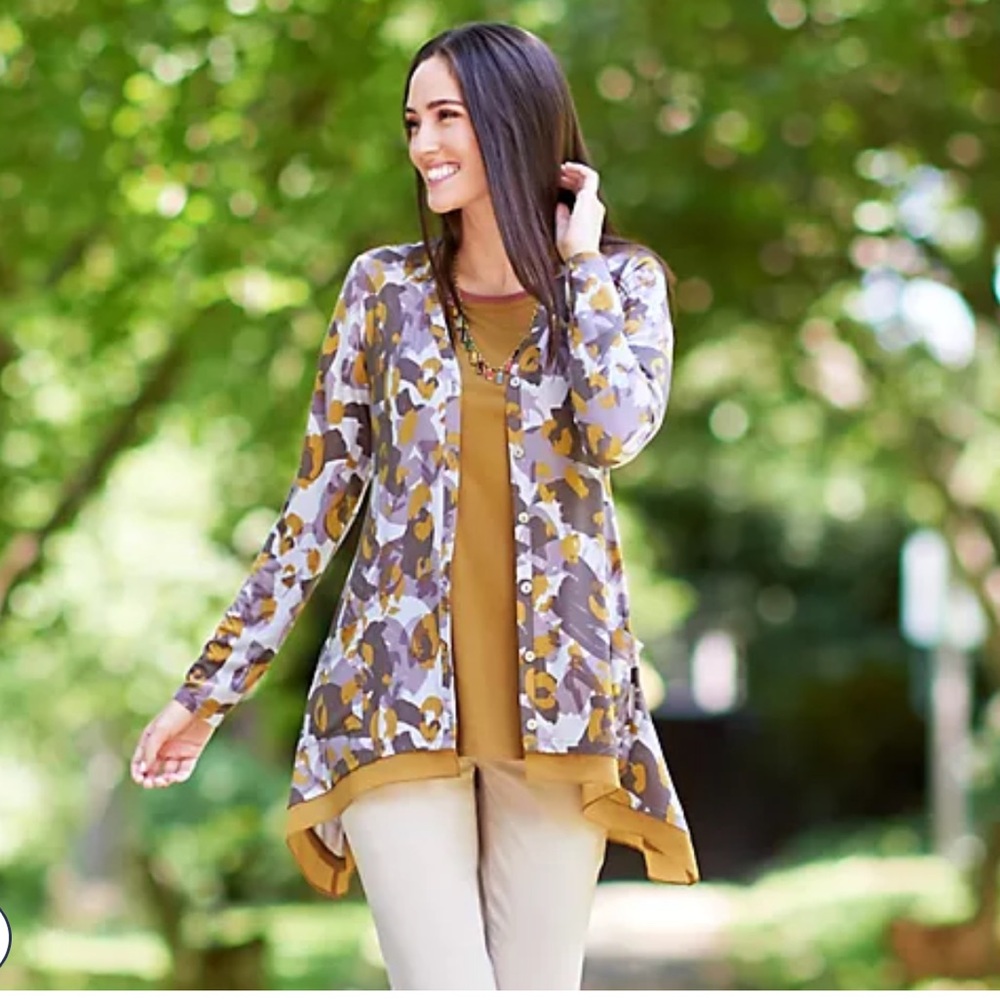 LOGO by Lori‎ Goldstein Button Front Knit Cardigan.Chiffon Mustard Trim L (908)